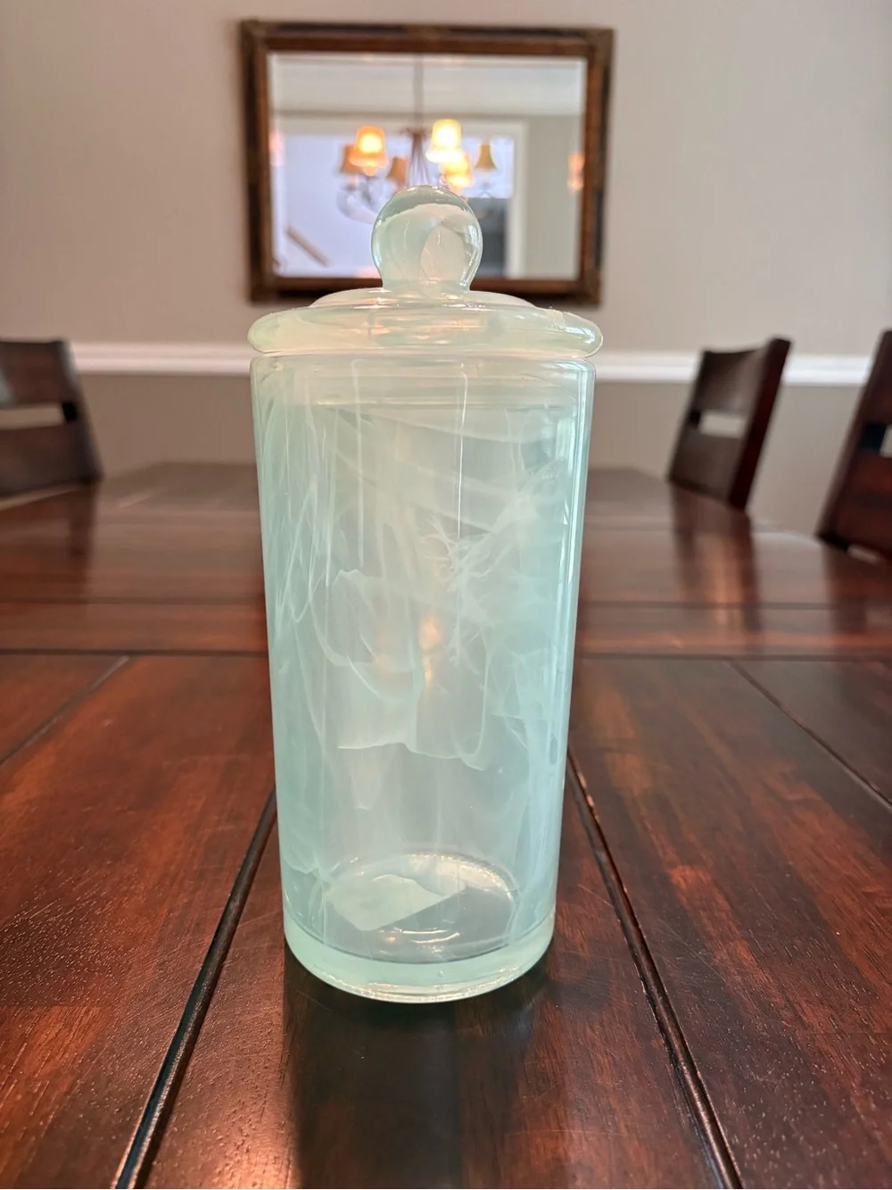 Glass mint green decorative storage jar with lid and white etching